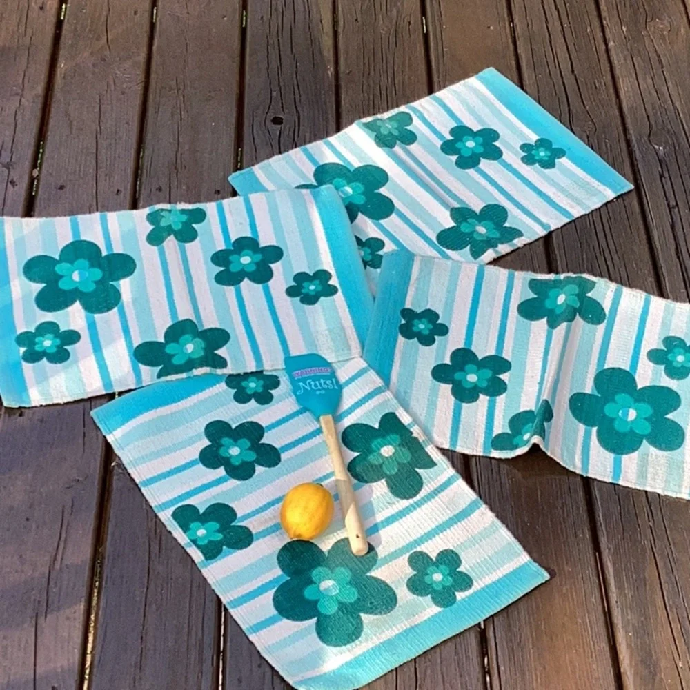 🦋  Placemats Set of FOUR TEAL COTTON PLACEMATS FLORAL STRIPED EPLC